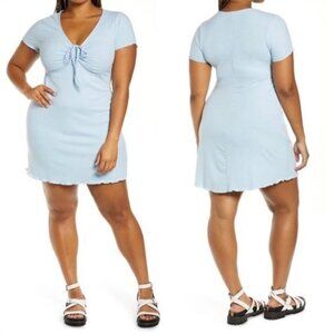 Nordstrom BP Tie Front Blue Cashmere Rib Knit Mini Dress Size 3X Lettuce Boho